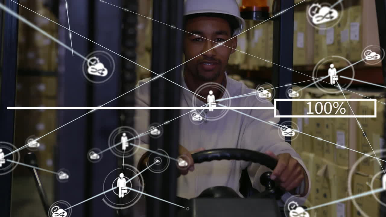 animación de un bar con 100 por ciento de texto sobre un hombre afroamericano mostrando los pulgares hacia arriba en una carretilla elevadora.