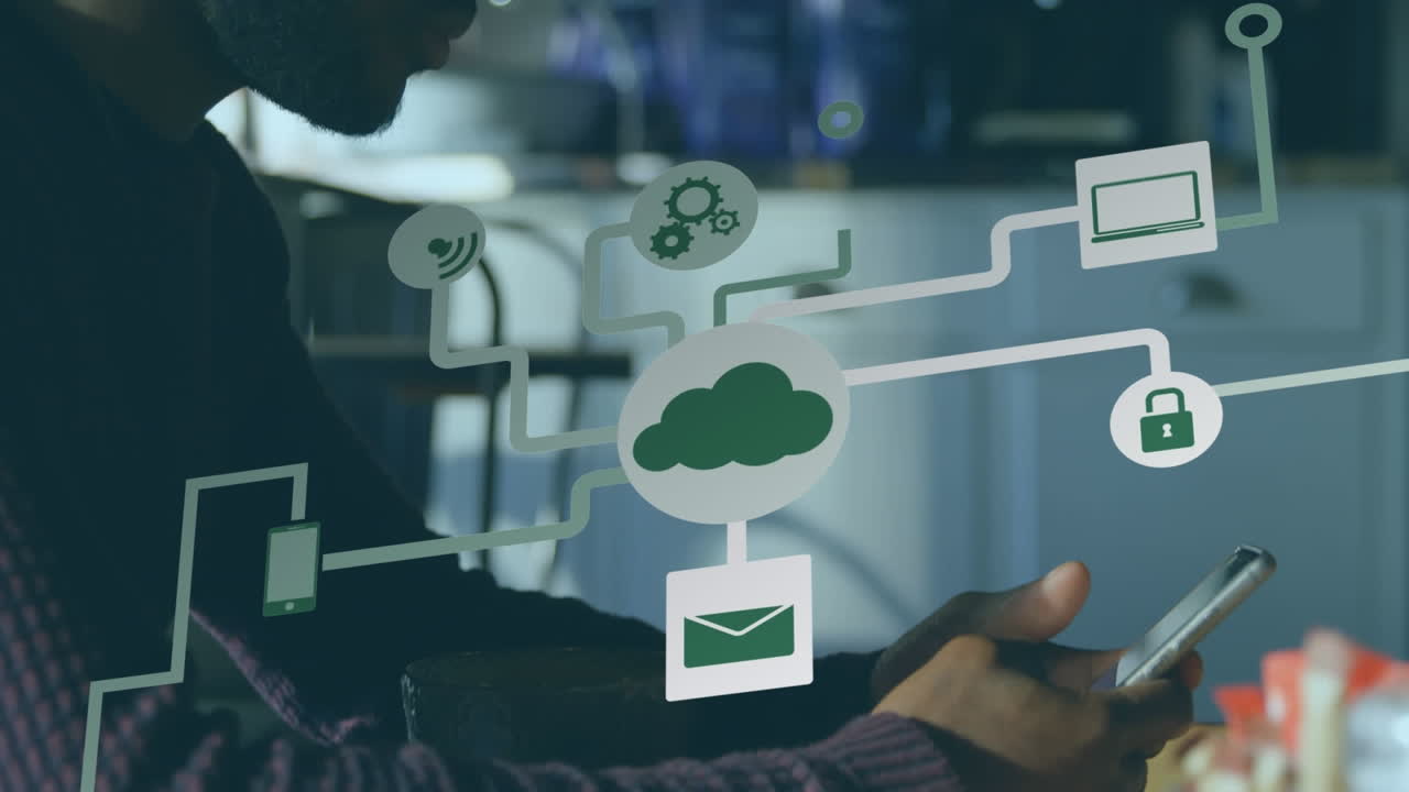 animación de la red de conexiones con iconos sobre el hombre de negocios que usa un teléfono inteligente