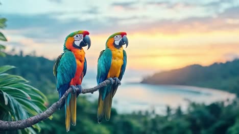 two colorful macaws perched at sunset