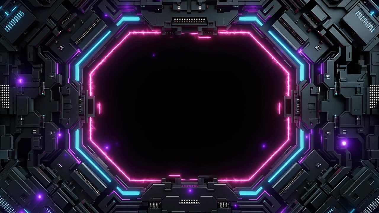 Cornice ottagonale futuristica con luci al neon blu e rosa luminose