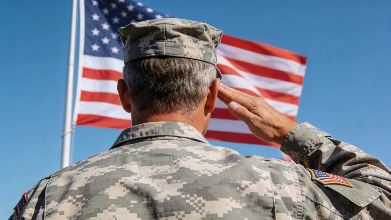 Militare che saluta con il braccio alla fronte, onorando la bandiera degli Stati Uniti sull'asta, con un berretto mimetico da pattuglia.