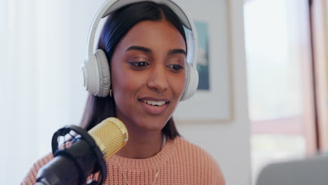 Microphone,-headphones-and-woman-on-podcast