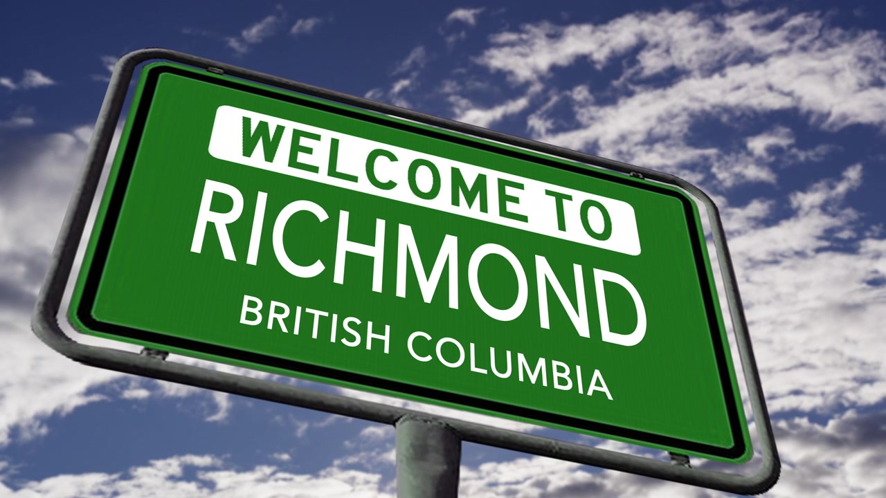 Velkommen til Richmond, British Columbia. Canadisk byskilt, realistisk 3D-animation.