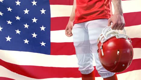 digital animation of rugby player standing with rugby helmet against american flag 4k