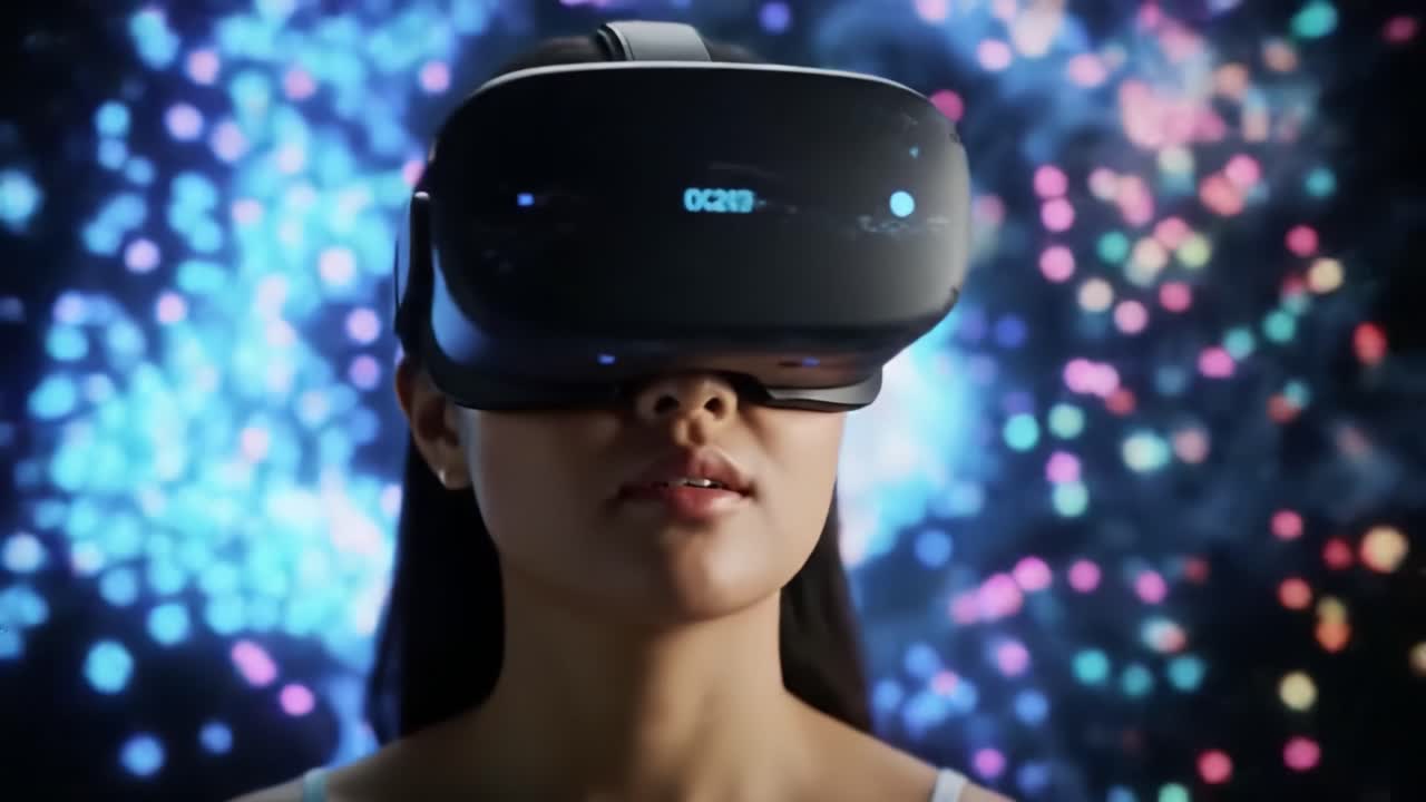 A young woman explores a vibrant, digital landscape while wearing a virtual reality headset. The immersive experience creates a blend of colors and shapes, highlighting innovative technology.