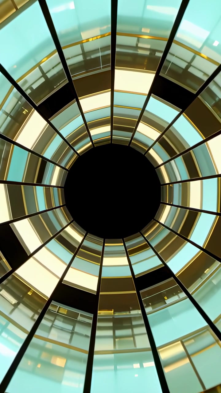 Vertical video: Panning camera tracing circular glass shaft in atrium, revealing teal, yellow bands