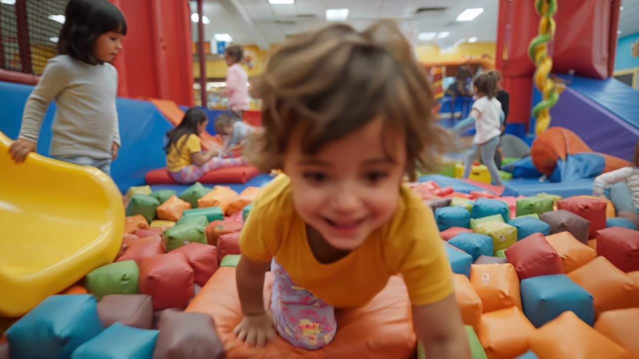 Criança sorrindo engatinhando de camiseta amarela, passando por uma piscina de espuma em um centro de recreação para alcançar a câmera.