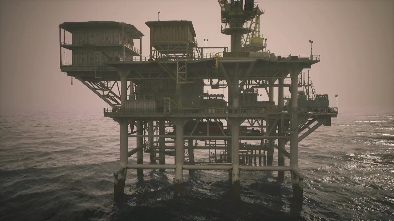 Cinematic portrayal of oil platform against tranquil horizon