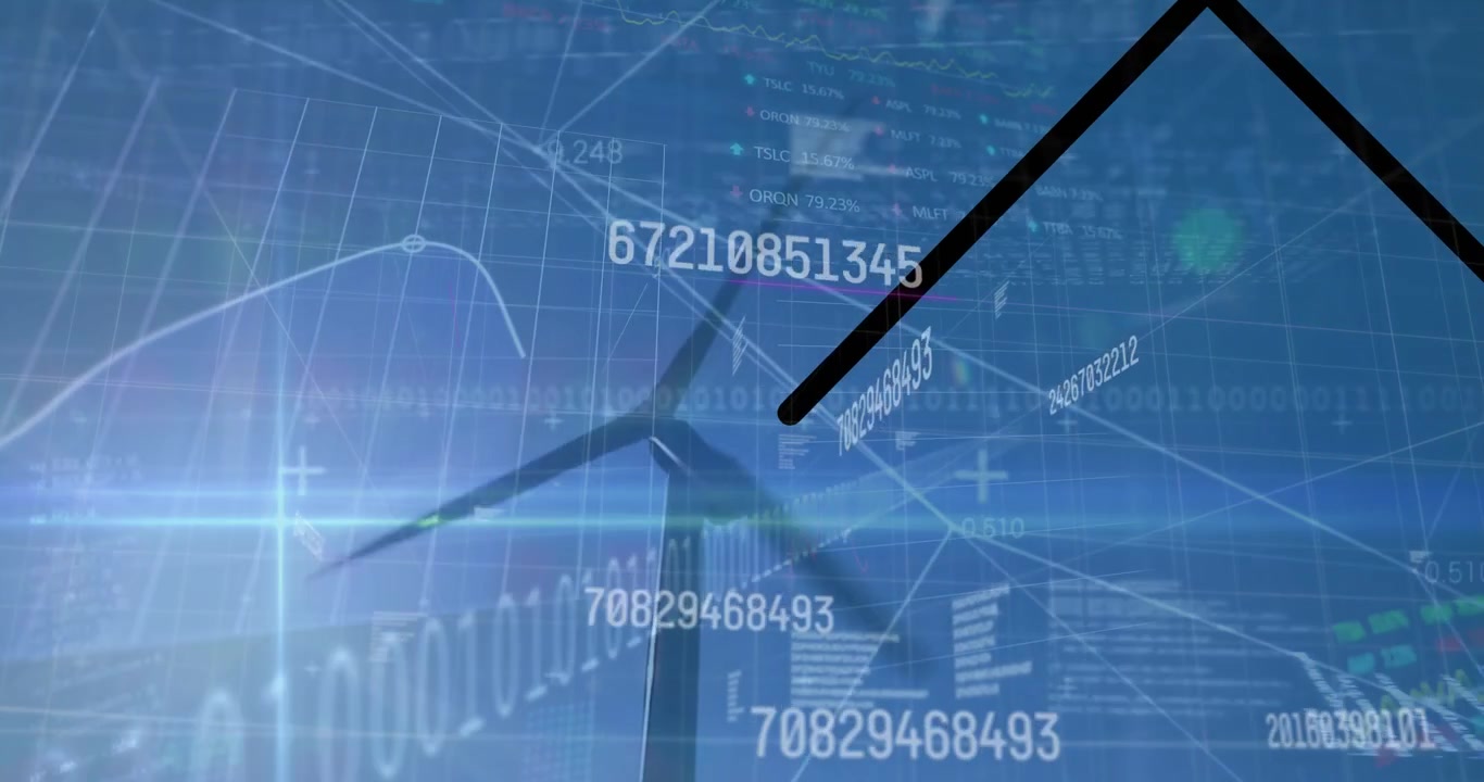 Animation of financial data processing and binary coding over wind turbines