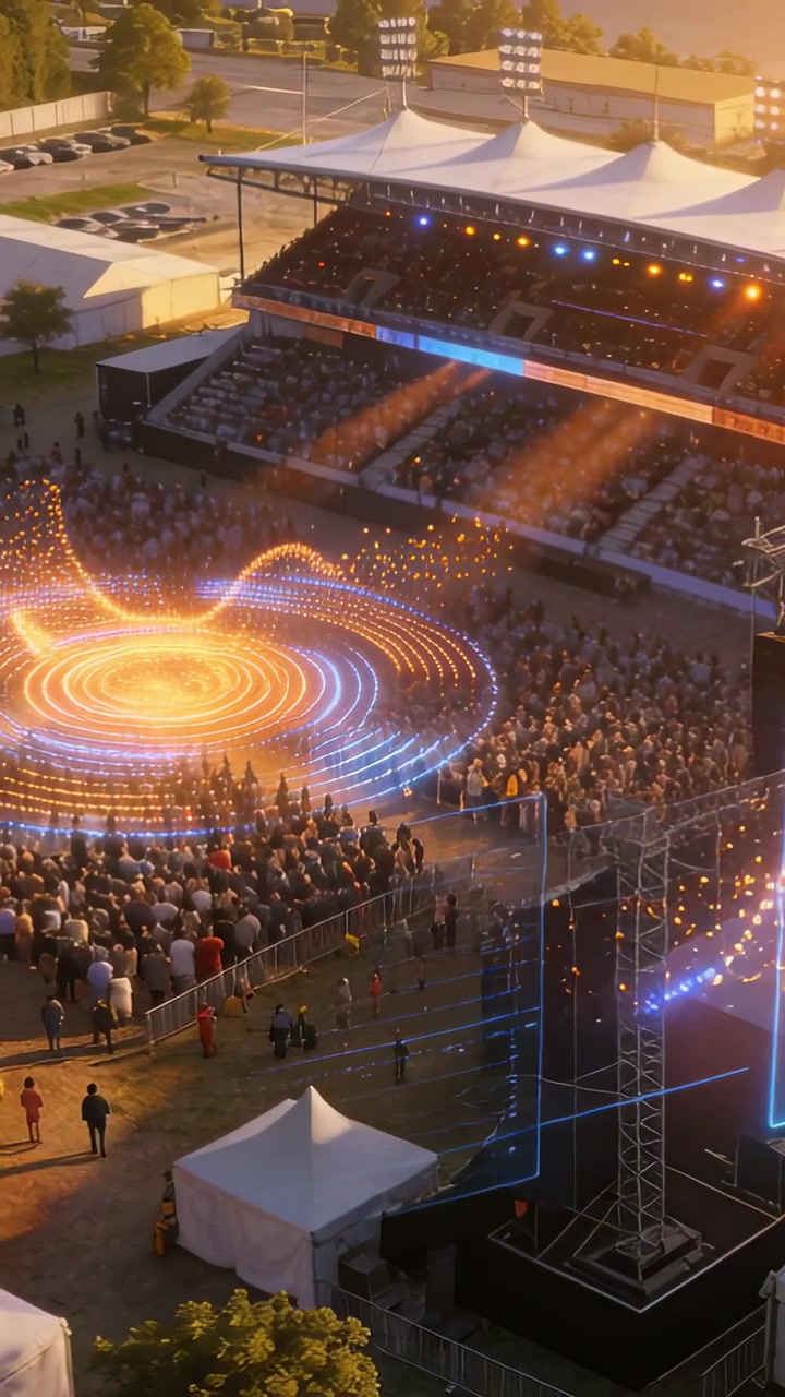 Vertical video: Projector activating hologram and panels showing data at stage casual crowd filming