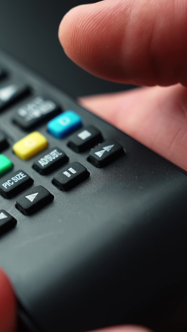 Macro close-up of a fingertip pressing the pause key on a TV remote, shallow depth of field with dark copy space—ideal for streaming, UI control, and home entertainment concepts