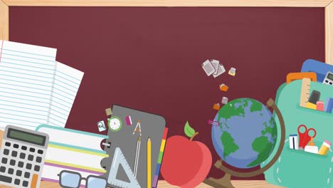animación de iconos de artículos escolares sobre un fondo rojo