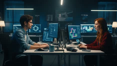 a twin-frame insight into collaborative programming: two developers engaged in coding at a dual monitor setup amidst a modern, dark-themed workspace