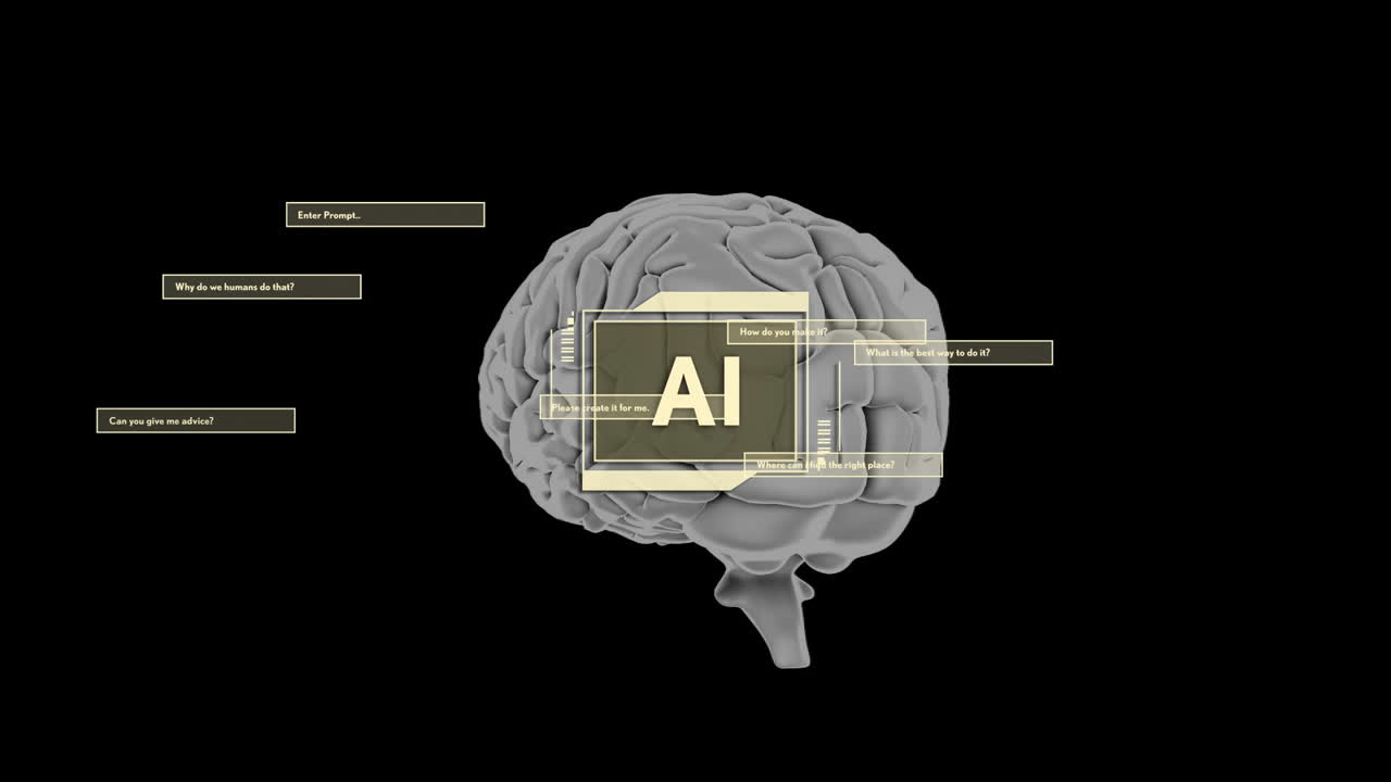 Animation of human brain and ai data processing over black background