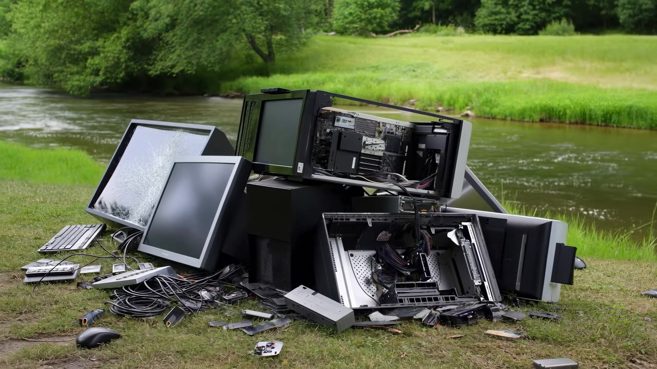 Abandoned desktop towers, broken monitors, and loose computer parts rest on short grass beside narrow river, with exposed circuit boards, tangled cables, and weathered hardware in natural outdoor