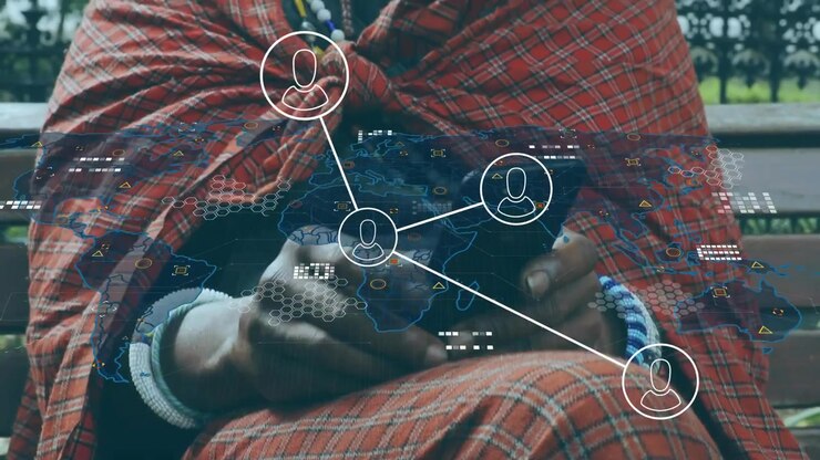 Mature man tapping smartphone on bench, growing technology network overlay visualizing connections