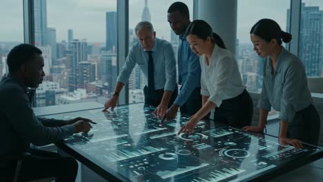 collaborative high-tech meeting: a diverse team analyzing data visualizations on a futuristic touchscreen table in a modern office setting with city view