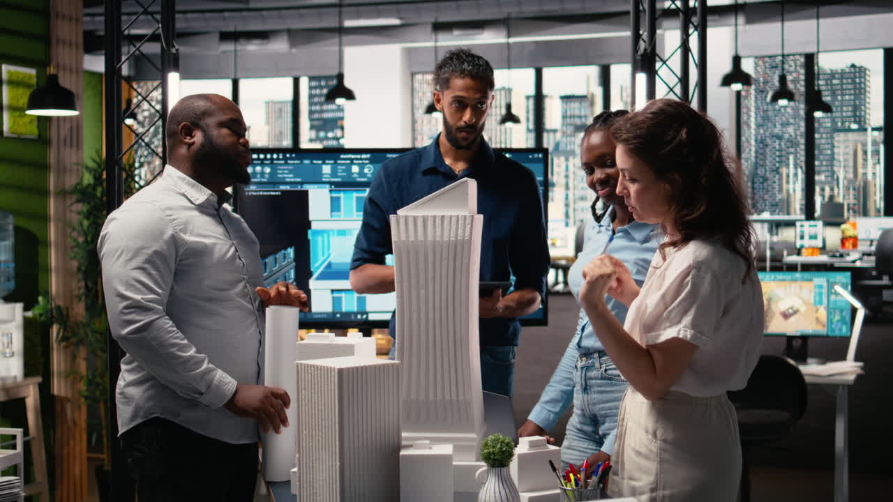Contractors and engineers reviewing 3D models and construction blueprint