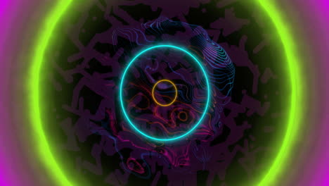 animation of neon colourful circles over shapes moving