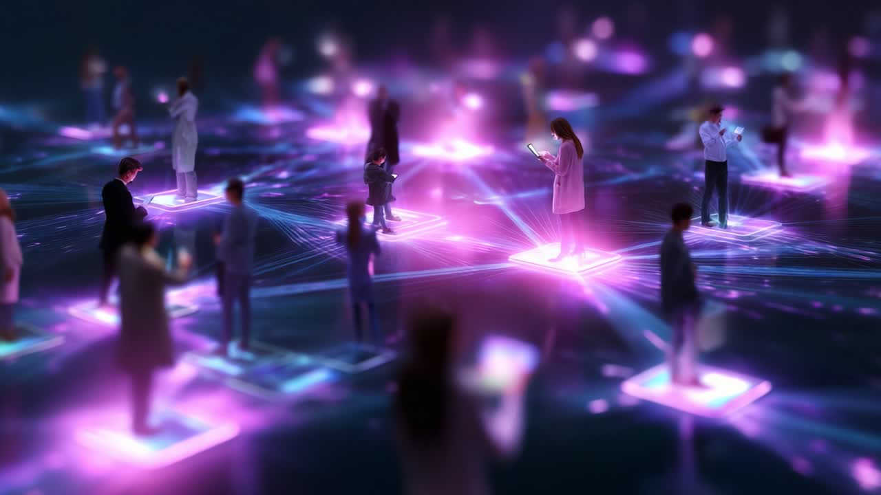 An abstract representation of interconnected individuals in a digital network, illuminated by vibrant, glowing platforms that signify shared information and communication within a modern technological environment