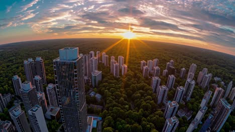 cityscape with skyscrapers and sunset over forest