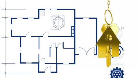 Animación-Del-Llavero-De-La-Casa-Dorada-Y-La-Llave-Sobre-Un-Plano-Azul-Sobre-Fondo-Blanco