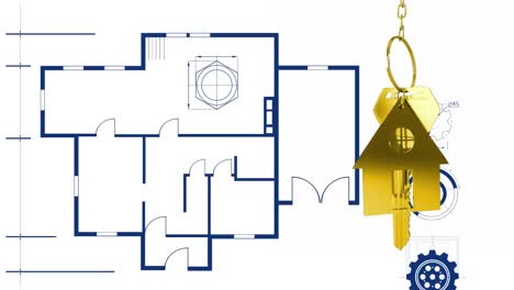 animation of gold house key fob and key over blue floorplan on white background