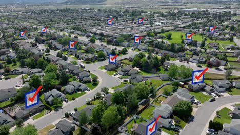 Drone-shot-of-American-neighborhood-with-checkmarks-hovering-over-houses-showing-who-has-registered-to-vote