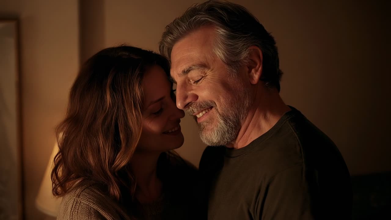 Whispering couple leaning closer in lamp-lit room, nuzzling for comfort, knit sweater and dark tee