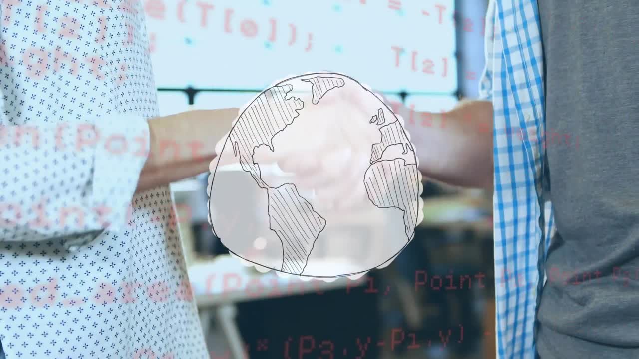 animación del globo y procesamiento de datos sobre personas que se dan la mano