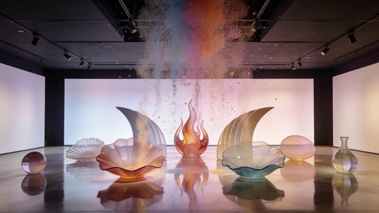 Frigiver loftrig, der bruser pastelpigment over galleriets glasskulpturer og skaber et farvet slør.