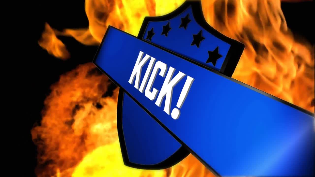 Animation of kick text on shield over flames on dark background
