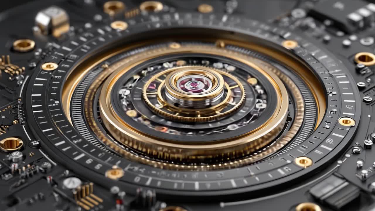 Intricate Mechanism: A Close-Up Exploration of an Elaborate Clockwork Design Featuring Metallic Layers and Sophisticated Gears Capturing the Essence of Timekeeping Technology