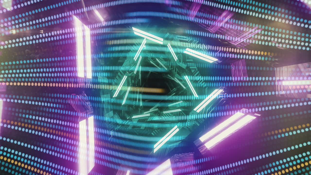 Neon lights and digital patterns forming geometric shapes in futuristic animation