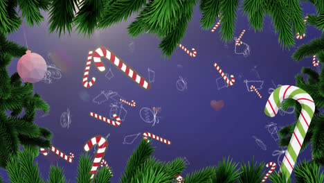 animation of fir trees and christmas decorations over candy canes falling