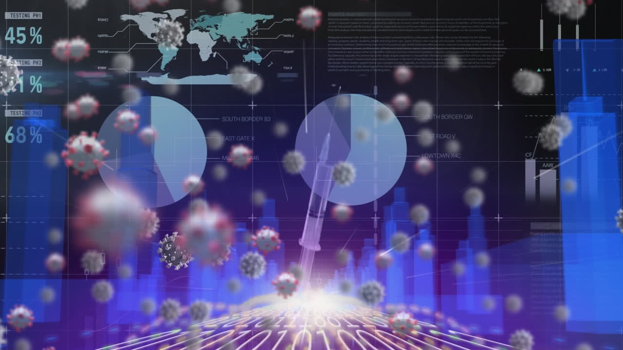 검은색 배경에 데이터 처리를 통해 코로나19 바이러스 세포의 애니메이션