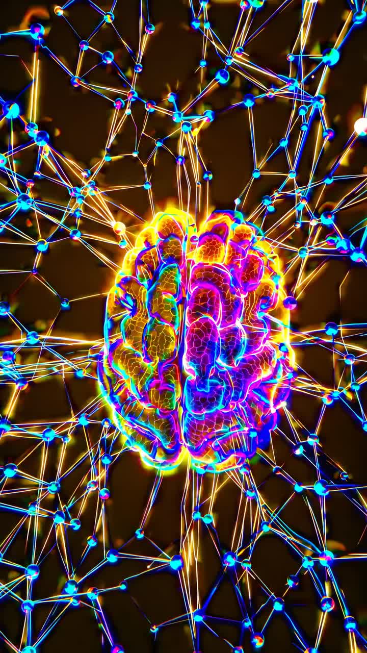 Vista dall'alto di un cervello luminoso circondato da nodi interconnessi, che ricorda una rete neurale.