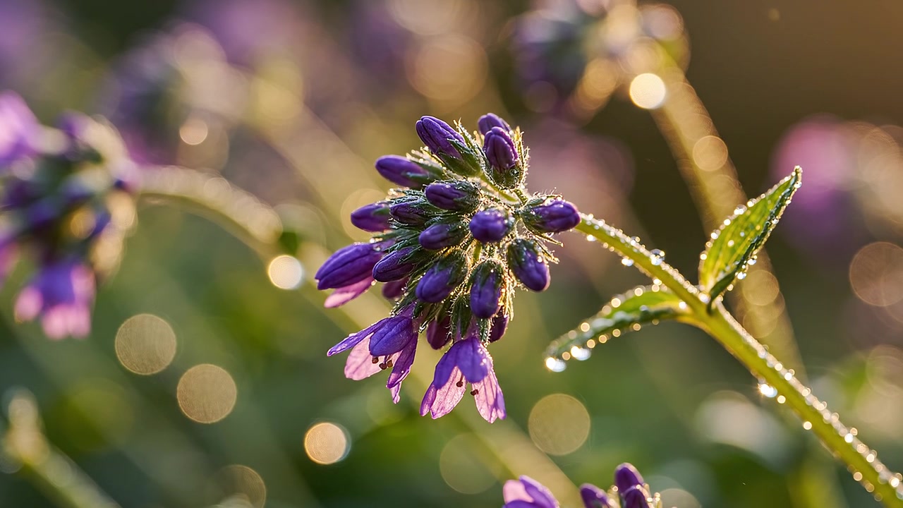 Lilla vilde blomster glitrende af morgendug i bokeh-sollys