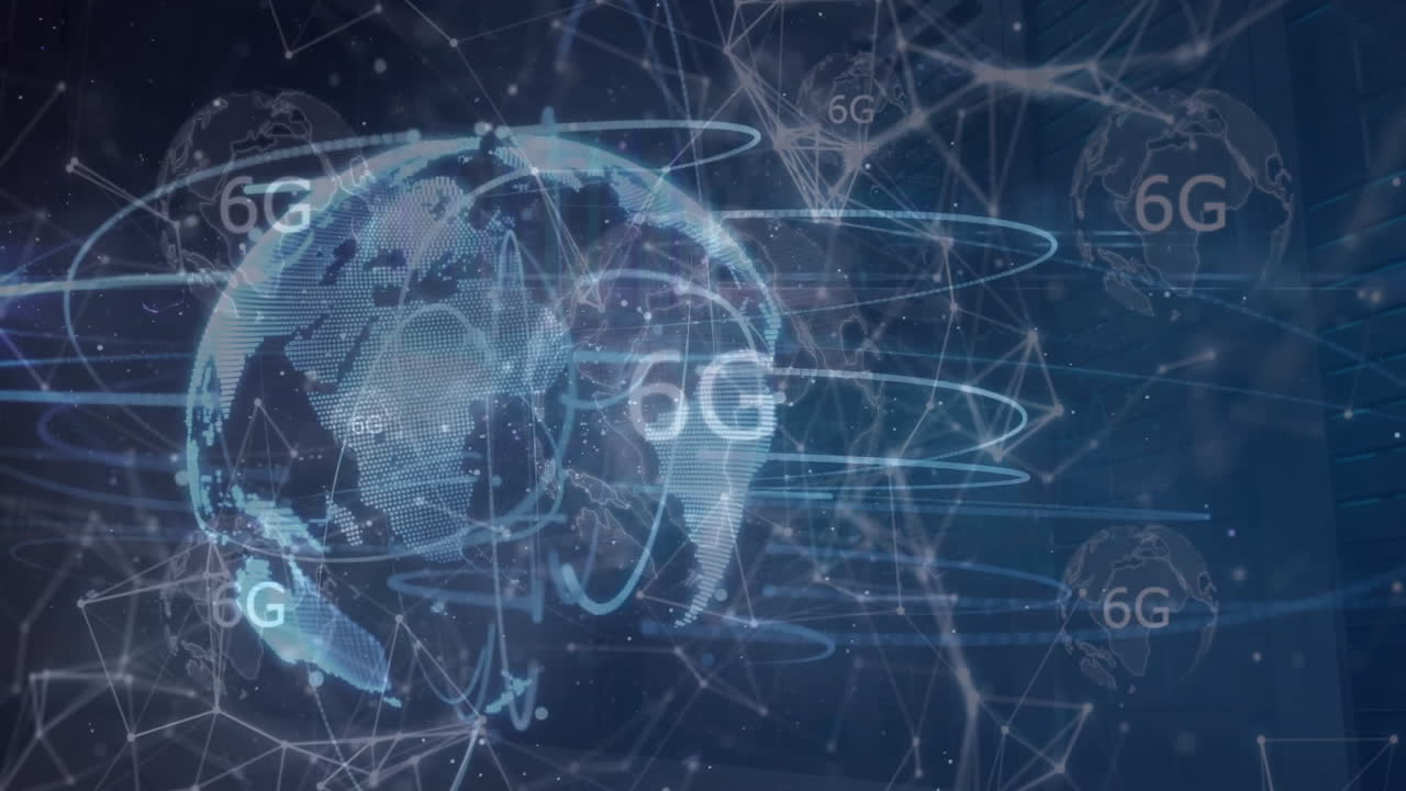 Digital globe with 6G network connections and data processing animation