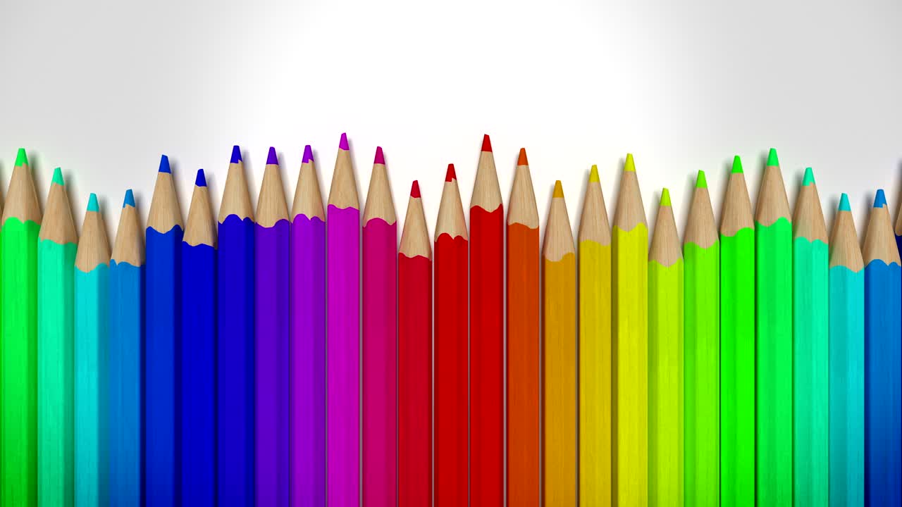 다채로운 연필이 줄지어 서서 3d 애니메이션을 루프합니다.