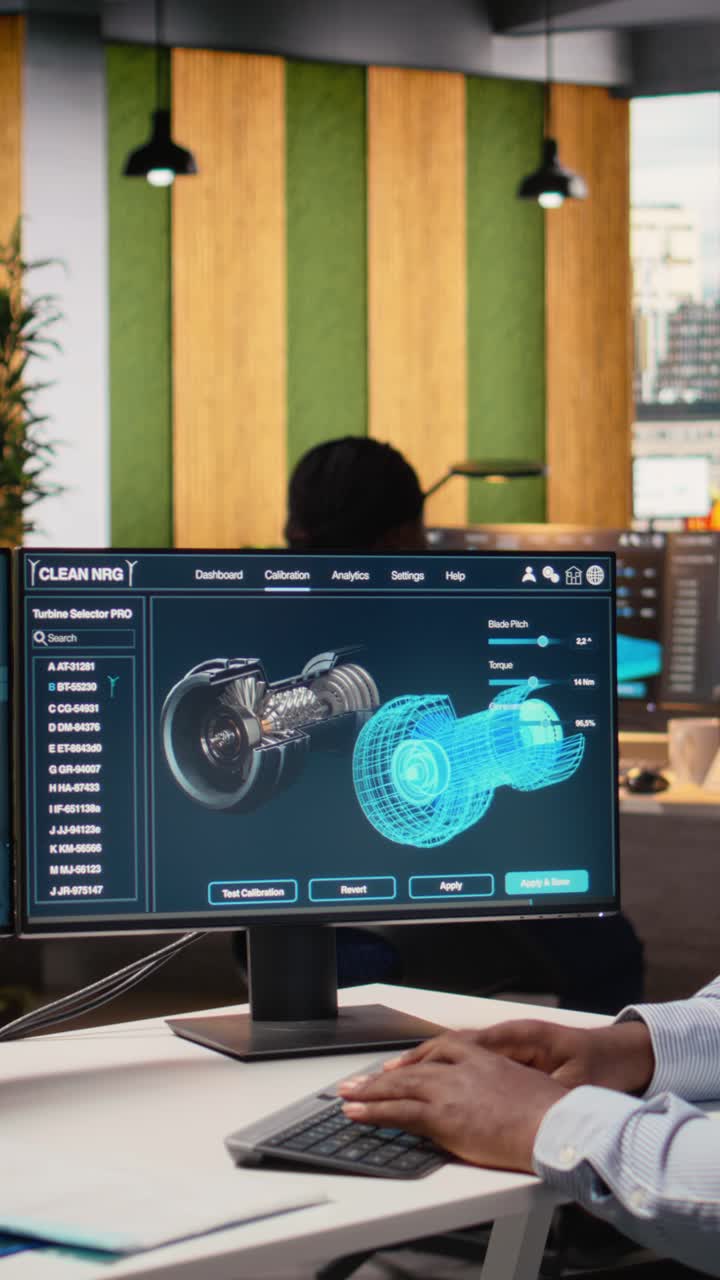 Engineer in office working on wind turbine component CAD design