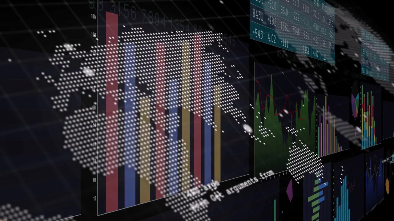 Sliding data wall revealing charts and dotted map in dark virtual space, with console text