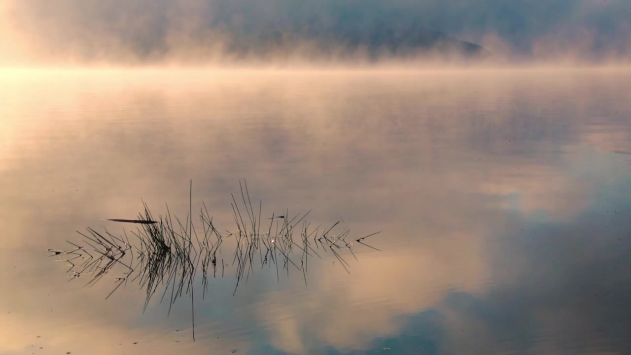 Vista di un lago al mattino con vapore sull'acqua e riflessi nell'acqua calma