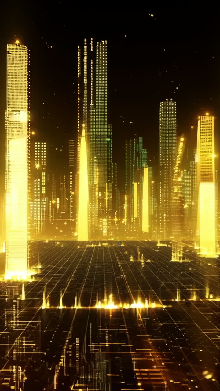 A cityscape with tall buildings lit up in gold. The city appears to be a futuristic metropolis