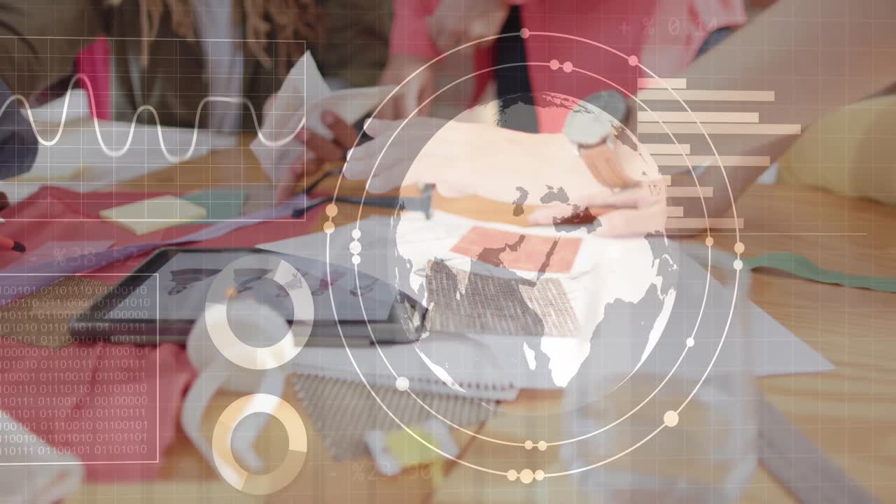 animación del procesamiento de datos financieros sobre diversas personas de negocios discutiendo el trabajo en la oficina