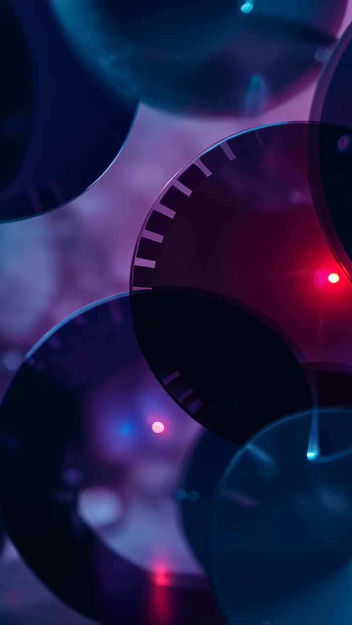 Vertical video: Spinning discs shifting in studio as magenta lights sweeping, revealing tick rim
