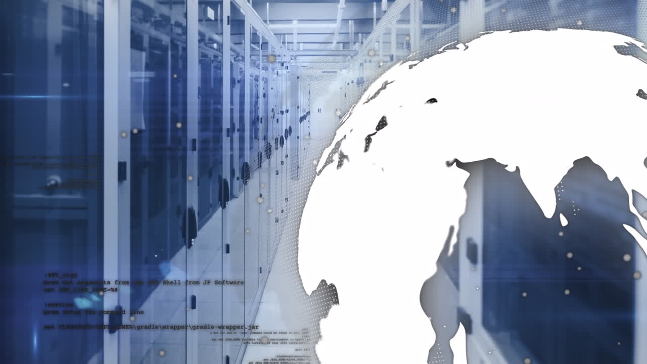Animation of spinning globe and data processing against computer server room