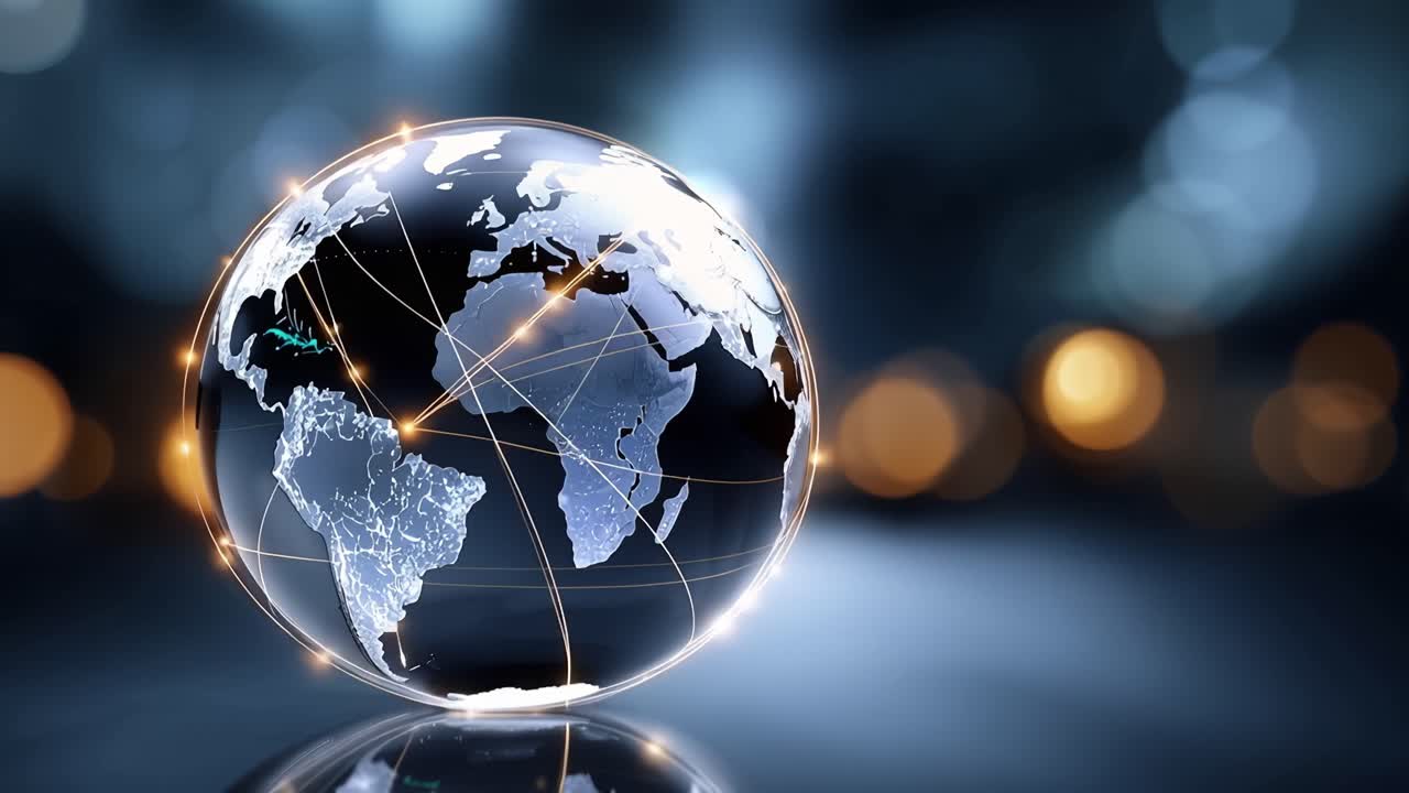 Globo di vetro rotante con connessioni di rete globali.
