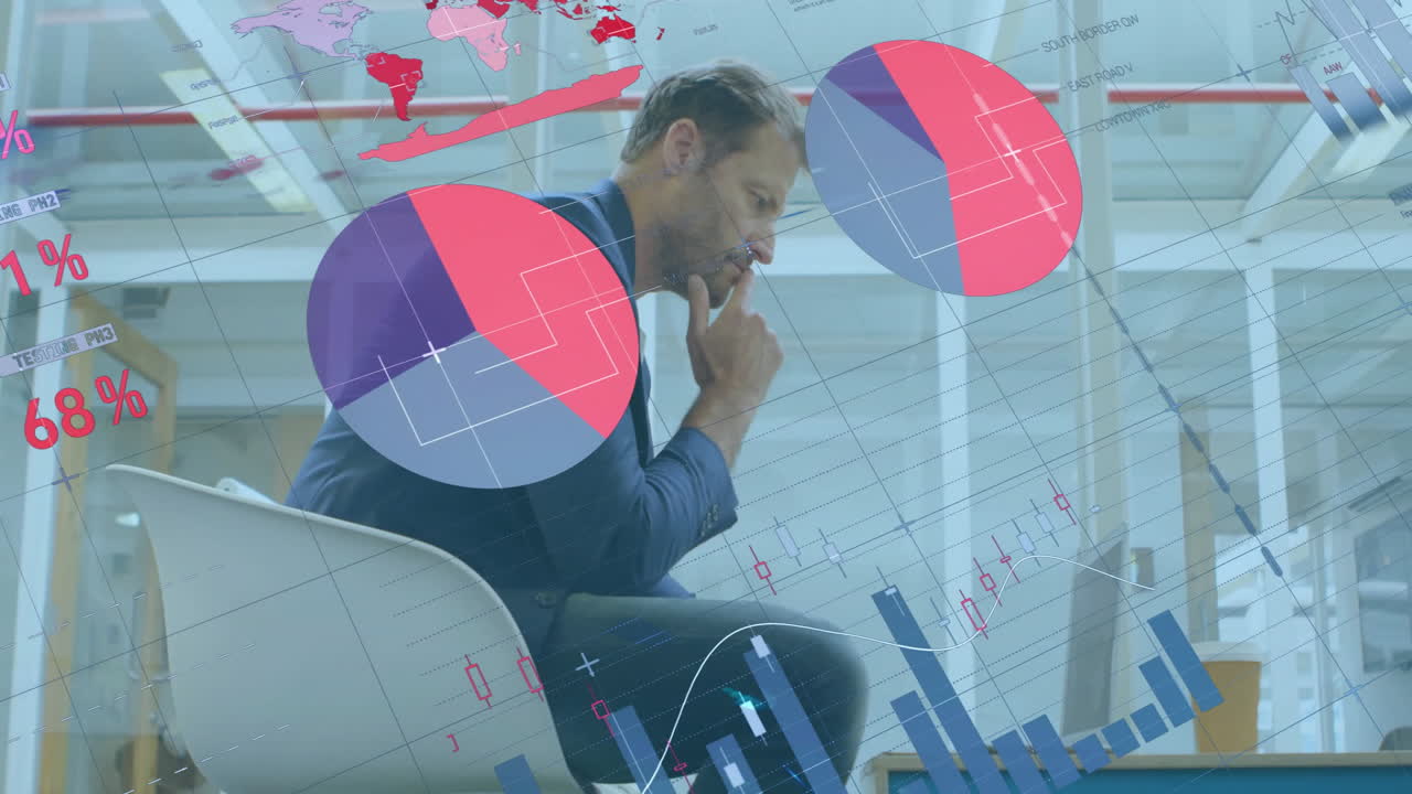 animación del procesamiento de datos financieros sobre un empresario caucásico que usa una computadora portátil