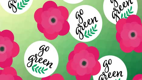 animación de múltiples textos y logotipos verdes que caen, y cabezas de flores rojas sobre fondo verde